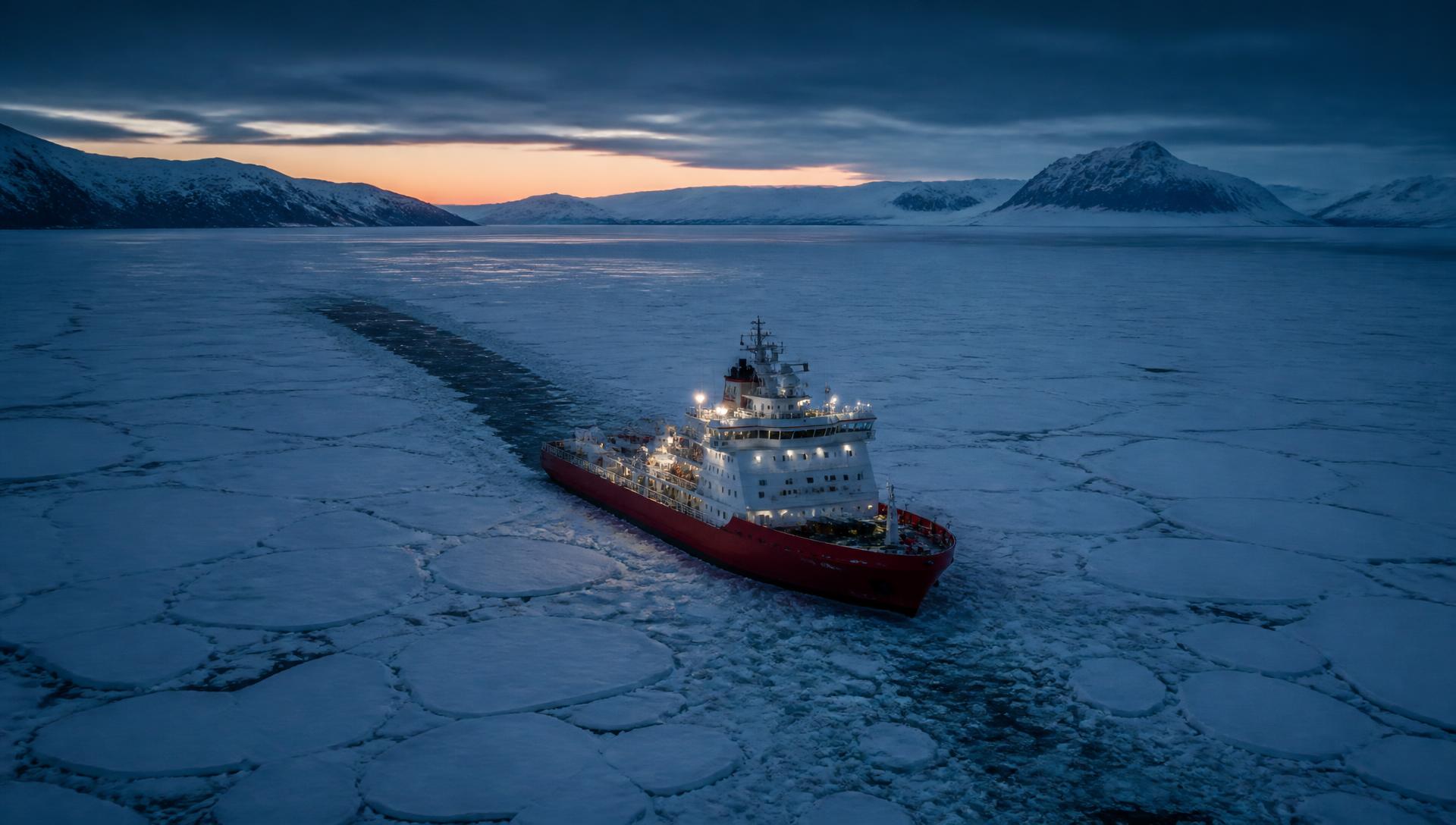 Brise-glace ouvrant un chenal dans la glace arctique